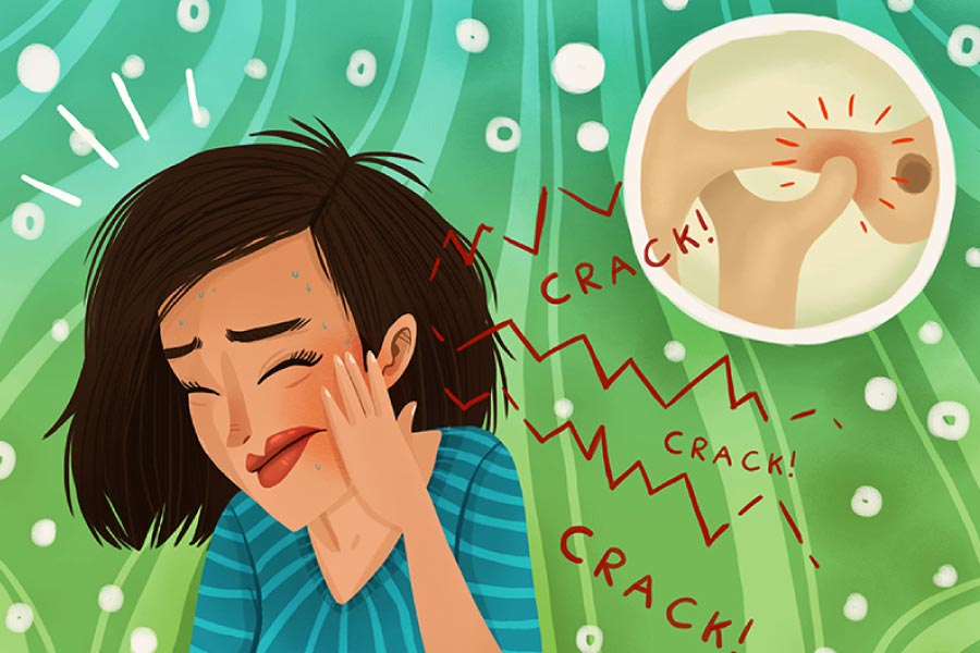 Cartoon image of a woman suffering from TMJ/TMD with a circle showing the temporomandibular joint.