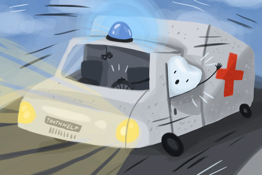 Cartoon of an ambulance being driven by a tooth.